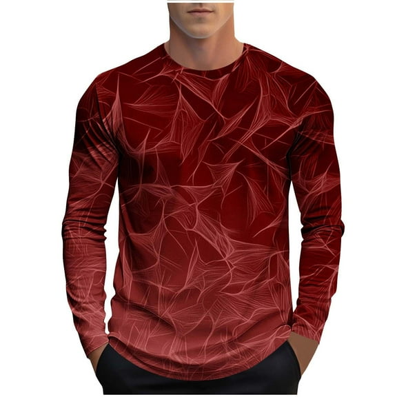FRSASU Shirts for Men Long Sleeve Casual Gradient Color Print Crewneck Cotton Sweatshirt Lightweight Gym Workout Pullover Tops Red