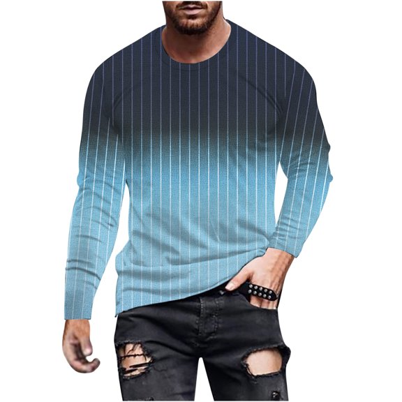 FRSASU Shirts for Men Long Sleeve Casual Loose Strip Crewneck Sweatshirt Lightweight Gym Workout Pullover Top Blue-C