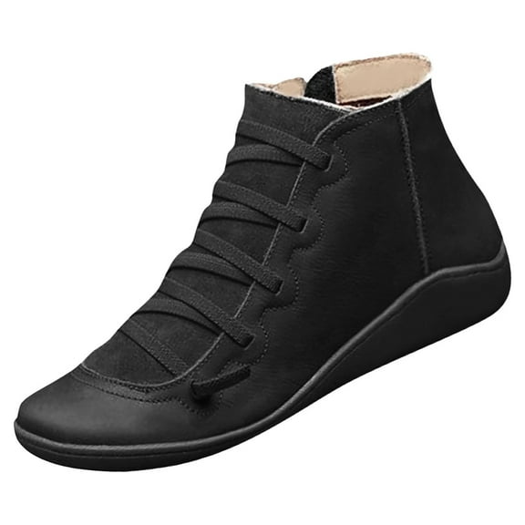 FRSASU Shoes Clearance Women Flat Leather Retro Lace-Up Side Zipper Plus Shoe Black 9(41)