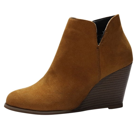 FRSASU Shoes Clearance Women Suede Wedges Zipper Solid Color Short Booties Round Toe Shoes Brown 6.5-7(37)