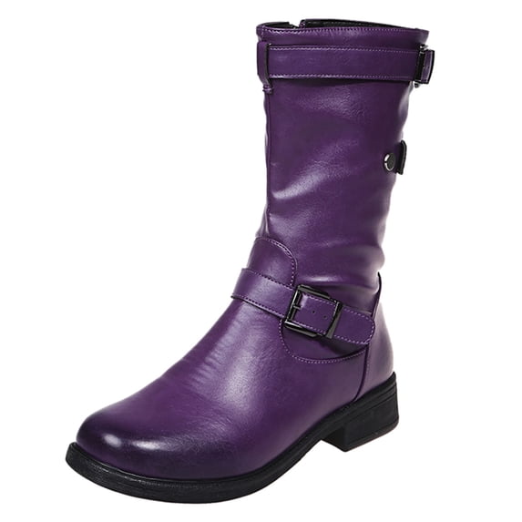 FRSASU Shoes Clearance Women Zipper Square Heel Solid Color Middle Tube Round Toe Shoes Purple 8(39)