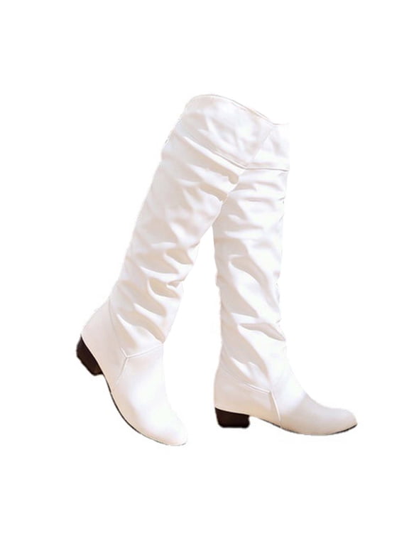 Shoes Women's Winter Elegant Knee High Boot Black Brown High Tube Flat Heels Shoes White 6(37)