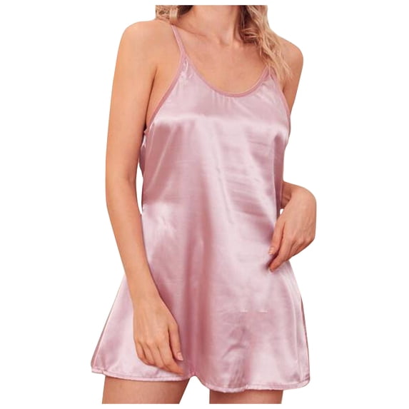 FRSASU Short Satin Nightgown for Women,V-Neck Strap Backless Slip Dress Sleepwear & Lingerie,Soft Nightwear Pink