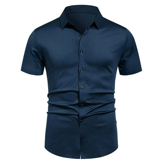 FRSASU Short Sleeve Dress Shirts for Men Business Casual Solid Color Lapel Fashion Shirt Blue S