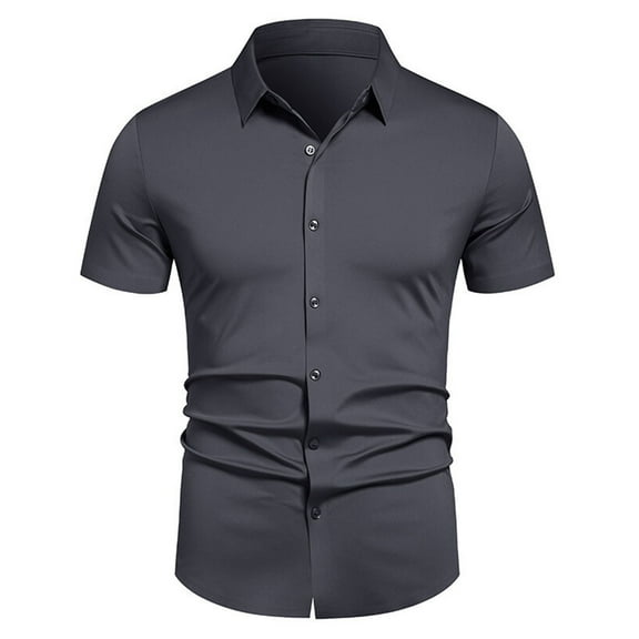 FRSASU Short Sleeve Dress Shirts for Men Business Casual Solid Color Lapel Fashion Shirt Dark Gray M
