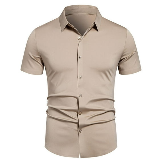 FRSASU Short Sleeve Dress Shirts for Men Business Casual Solid Color Lapel Fashion Shirt Khaki XL