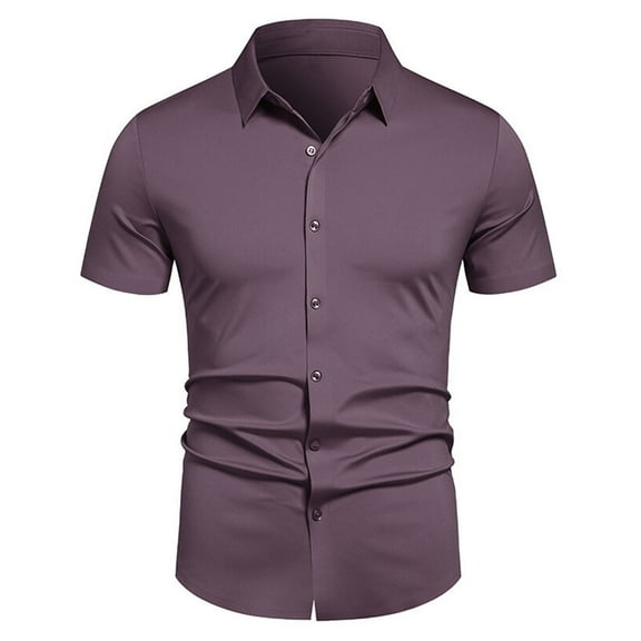 FRSASU Short Sleeve Dress Shirts for Men Business Casual Solid Color Lapel Fashion Shirt Purple XXL