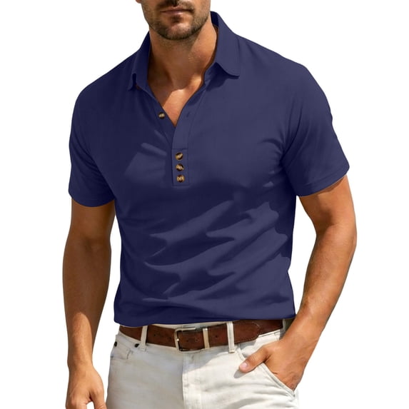 FRSASU Short Sleeve Polo Shirts for Men Casual Lapel Collar Pullover Tee Shirt Loose Fit Half Button Down T-Shirts Navy