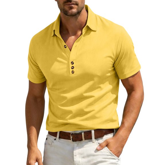 FRSASU Short Sleeve Polo Shirts for Men Casual Lapel Collar Pullover Tee Shirt Loose Fit Half Button Down T-Shirts Yellow