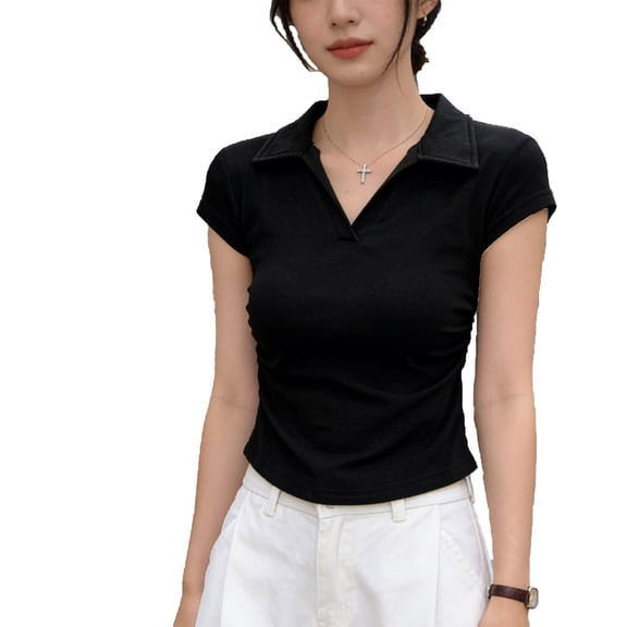FRSASU Short Sleeve Shirts for Women Basic Solid Color Casual V Neck Tunic Tops Slim Fitted Blouses Black