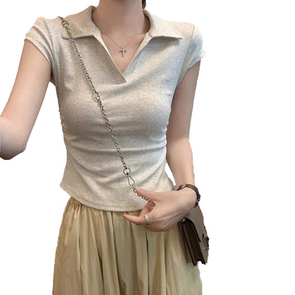 FRSASU Short Sleeve Shirts for Women Basic Solid Color Casual V Neck Tunic Tops Slim Fitted Blouses Gray