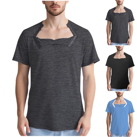 FRSASU Short Sleeve T-Shirts for Men Front Snap Adaptive Tops Post Shoulder Surgery Recovery Clothing Dark Gray