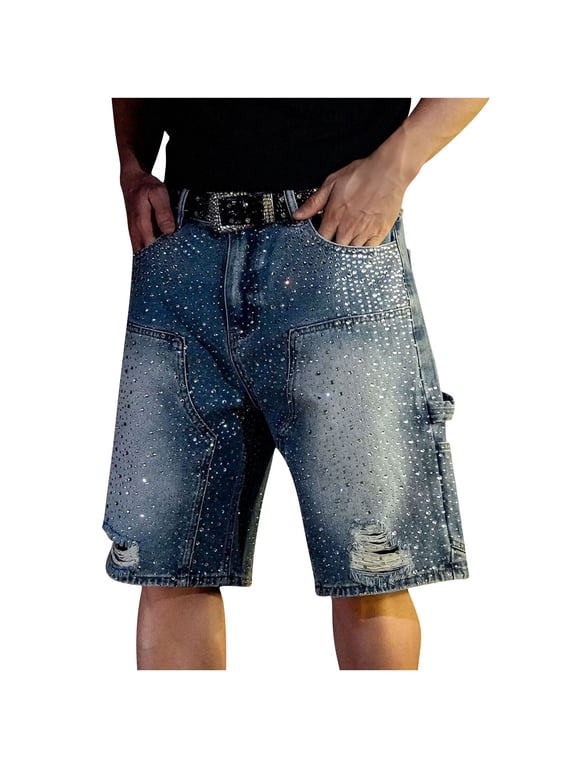 Short for Mens Sequin Sparkle Elastic Jean Shorts Loose Fit Vintage Jorts Streetwear Hip Hop Casual Long Denim Belt Shorts for men Blue