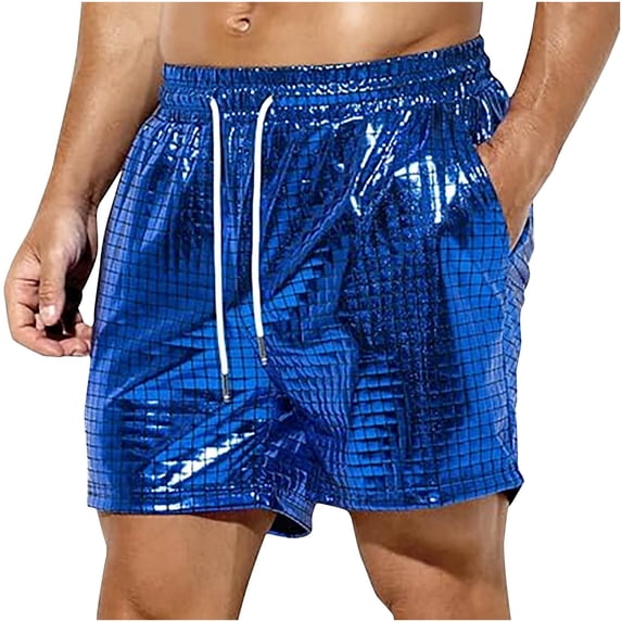 FRSASU Shorts for Men Metallic Shiny Sparkly Hot Drawstring Short Pants with Pockets Blue
