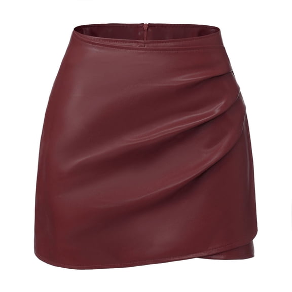 FRSASU Shorts for Women Faux Leather Skorts High Waisted PU Leather Shorts Elastic Waist Ruched Wrap Skorts Skirts Wine
