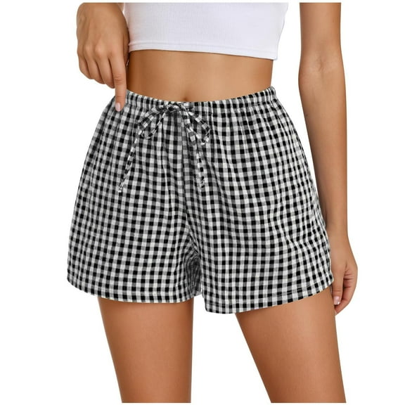 FRSASU Shorts for Women Pajama Plaid Casual Lounge Elastic Waist Drawstring Home Wear Sleep Shorts Black