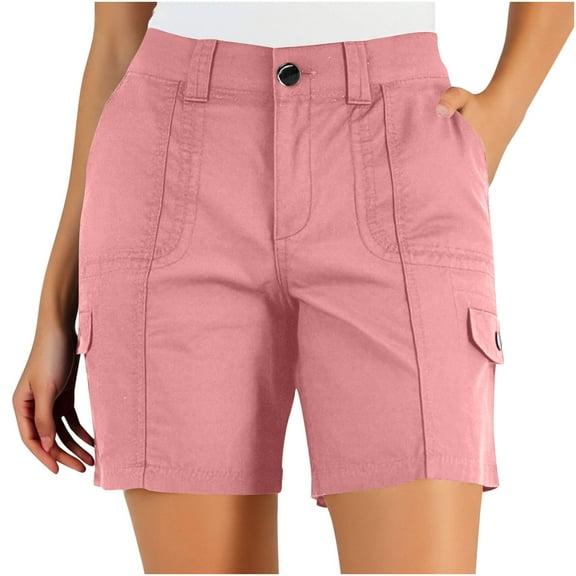 FRSASU Shorts for Women Summer Cargo Shorts Elastic Waist Shorts Solid Mid-Rise Casual Button Cargo Pink XXL(XXL)
