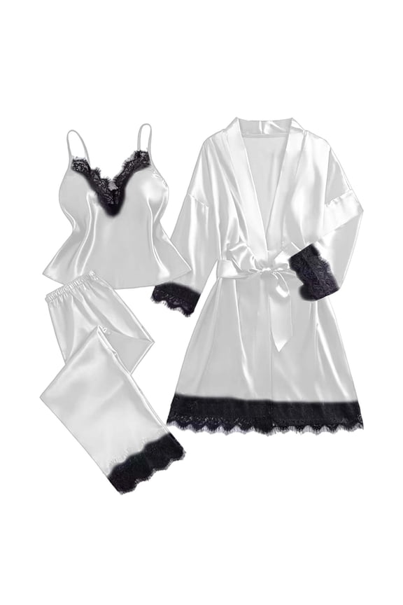 Silk Pajamas for Women 3Pcs Sleepwear Loungewear Satin Robe Cami Long Pants Pj Set White