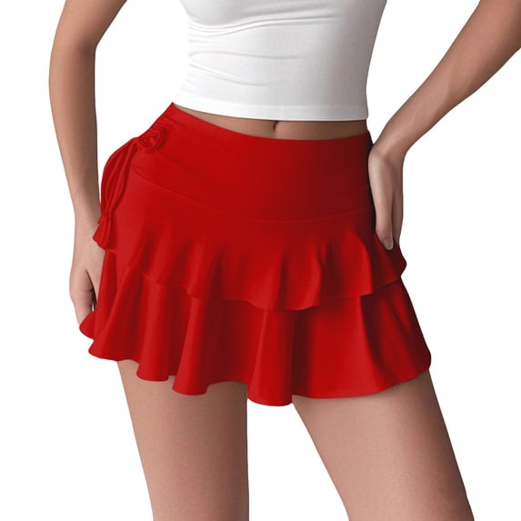 FRSASU Skirts for Women Casual Micro Pleated Bow Side Flowy Skirt Layered Ruffle Short Cheer Outfits Red