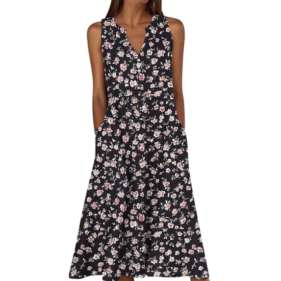 FRSASU Sleeveless Dress for Womens Summer Beach Cotton Linen Floral Printed Casual Flowy Long Pockets Dresses Multicolor-H