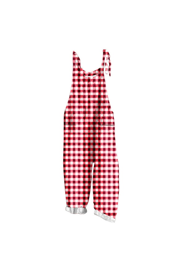 Sleeveless Jumpsuit for Women Boho Plaid Print Overalls Casual Comfy Soft Fashion Overalls Red