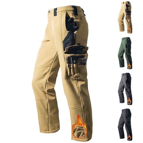 FRSASU Snow Ski Softshell Waterproof Snowboard Winter Hiking Cotton Cargo Pants with Multi Tool Pockets Outdoor Fleece Lined Bottom Leg Khaki
