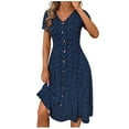 thumbnail image 1 of FRSASU Spring Summer Dresses for Women Short Sleeve Casual V Neck Button Midi Dress Bohemian A Line Fashion Slim Fit Clothes Navy, 1 of 7