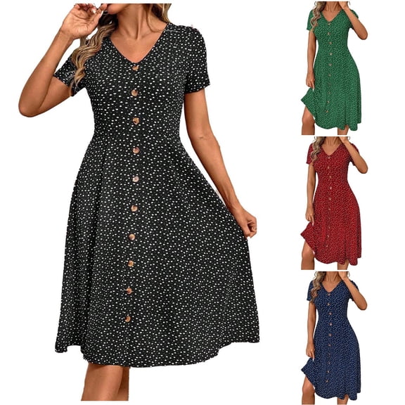 FRSASU Spring Summer Dresses for Women Short Sleeve Casual V Neck Button Midi Dress Bohemian A Line Fashion Slim Fit Clothes Wine