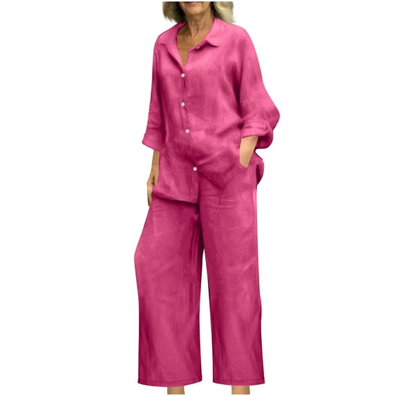 FRSASU Spring/Summer Women Cotton Linen Lounge Solid Set Long Sleeve V Neck Shirt and Wide Leg Pants Matching Sets Outfits Hot Pink
