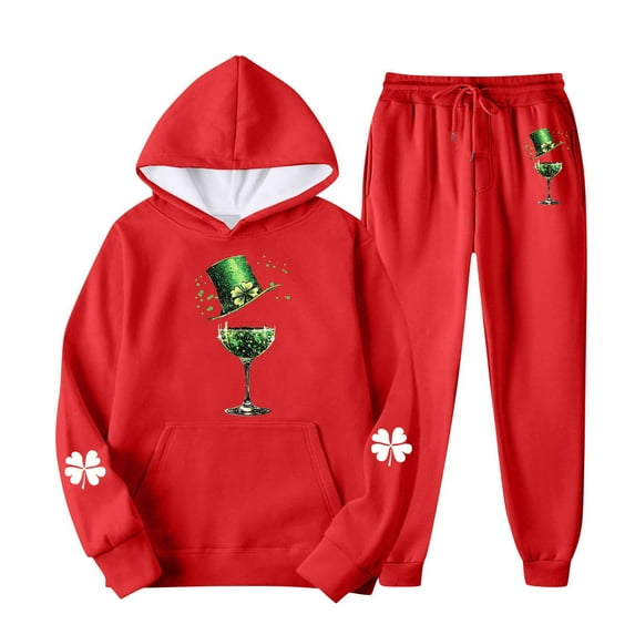 FRSASU St Patricks Day Hoodie Women 2 Piece Set Fashion Printed Lightweight Sweatpants Green Pattern Tracksuit Comfort Red