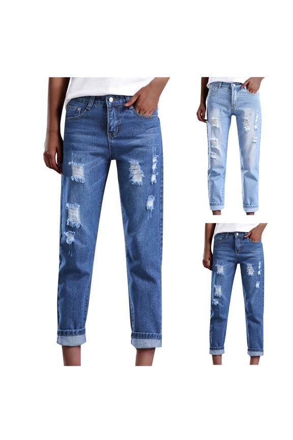 Straight Leg Jeans for Women Trendy Cropped High Waisted Cuffed Hem Stretchy Capri Jeans with Pockets Light Blue