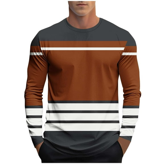 FRSASU Striped Long Sleeved T-Shirt for Men Spring Casual T-Shirt for Men Retro Fall Pullover Stripe Tee Shirt Coffee