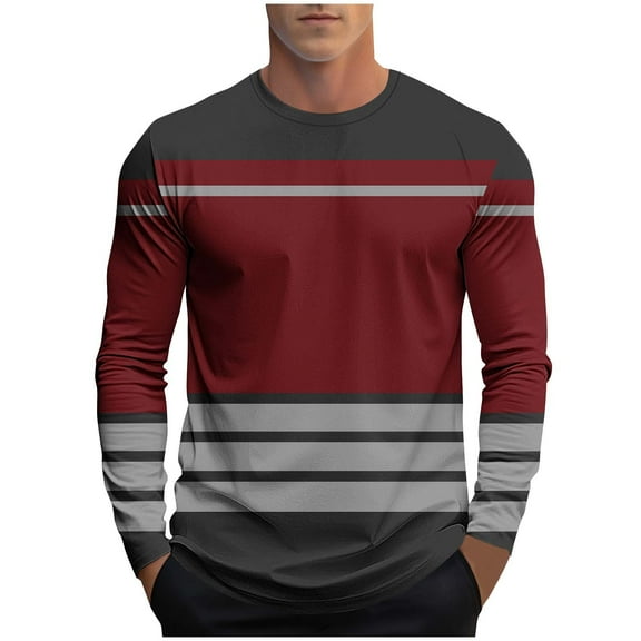FRSASU Striped Long Sleeved T-Shirt for Men Spring Casual T-Shirt for Men Retro Fall Pullover Stripe Tee Shirt Wine