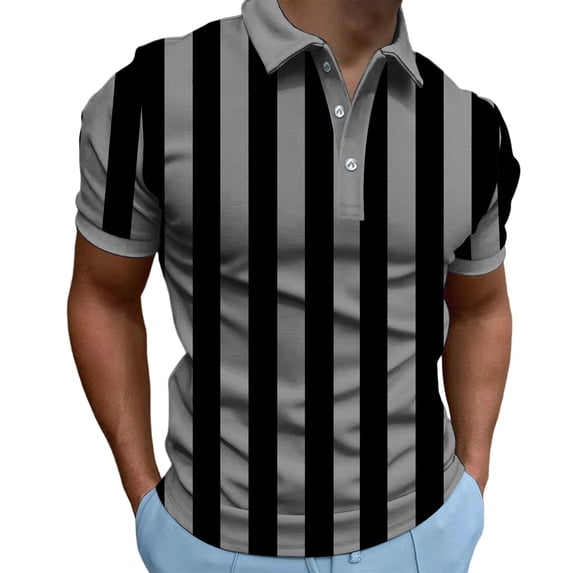 FRSASU Striped Shirts for Men Color Block Golf Shirt Button Up Lapel Neck T Shirt Short Sleeve Summer Pullover Tee Tops Dark Gray