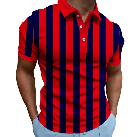 FRSASU Striped Shirts for Men Color Block Golf Shirt Button Up Lapel Neck T Shirt Short Sleeve Summer Pullover Tee Tops Red