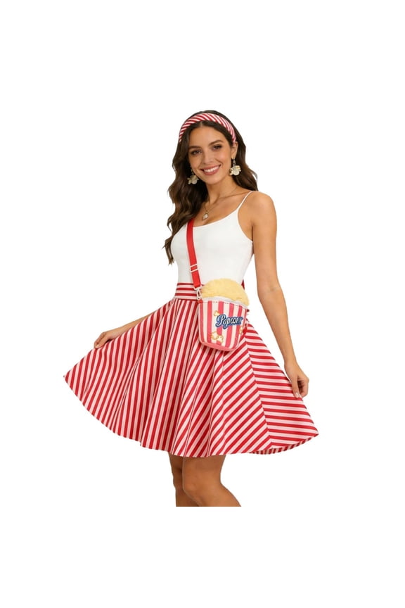 Striped Skirt for Women High Waist A-Line Flared Skirt Casual Retro Knee Length Skirts with Ornaments Bag Red