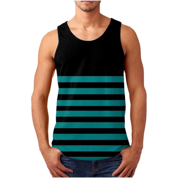 FRSASU Striped Tank Top for Men Casual Summer Sleeveless Classic Round Neck Lightweight Summer Beach Tops Blue