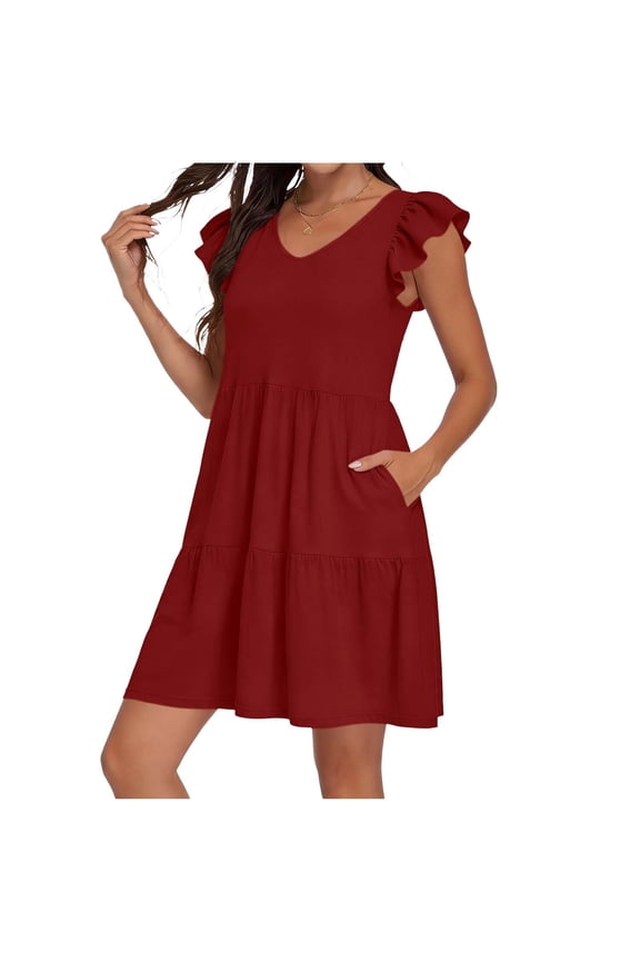 Summer Babydoll Dresses for Women Cute Ruffle Cap Sleeve V-Neck Flowy Swing Mini Sundress Red