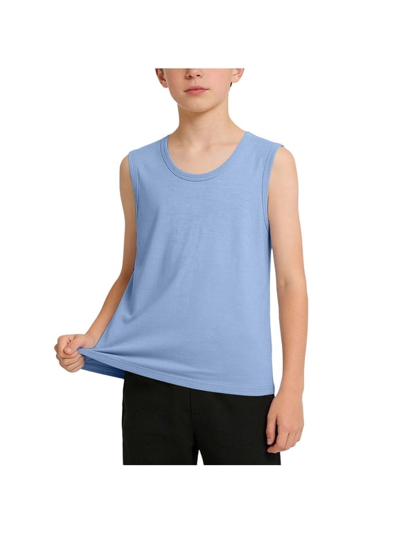 Summer Basic Tank Top for Boys Cotton Tanks Undershirt Lightweight Sleeveless Undershirts Soft Comfy Round Neck Tee Shirt Blue-A