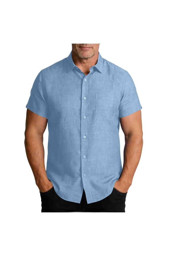 Summer Beach Shirt for Men, Solid Cotton Linen Casual Short Sleeve Button-Down Collared Top, Loose Fit Vacation Tees Blue