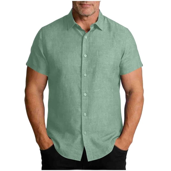 FRSASU Summer Beach Shirt for Men, Solid Cotton Linen Casual Short Sleeve Button-Down Collared Top, Loose Fit Vacation Tees Mint Green