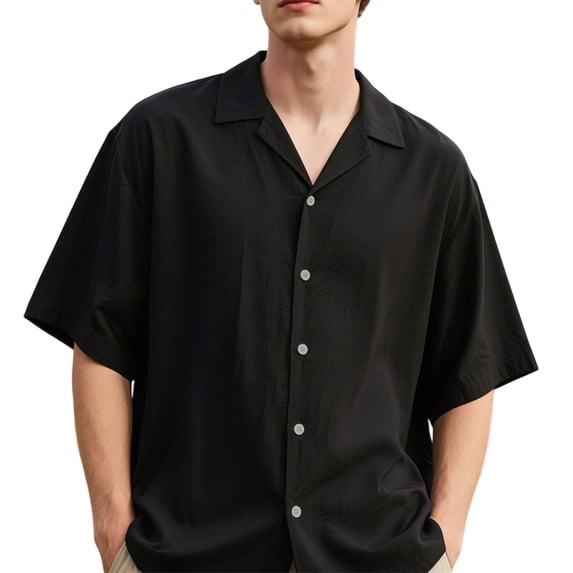FRSASU Summer Button Down Shirts for Men Lapel Short Sleeve Shirt Solid Color Casual Beach Vacation Shirt Black