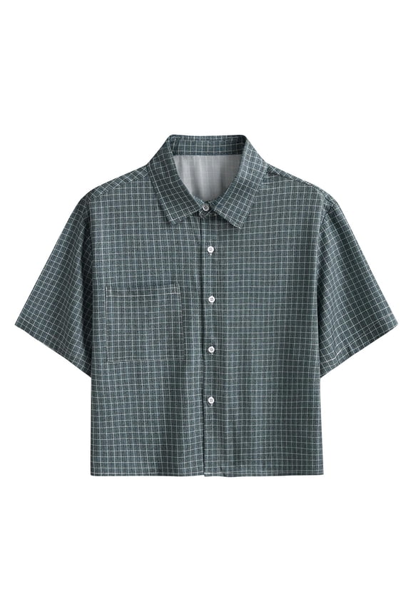 Summer Casual Plaid Checkered Dropped Shoulder T-Shirt Mens Short Sleeve Button Down Pocket Tee Shirts Army Green-B