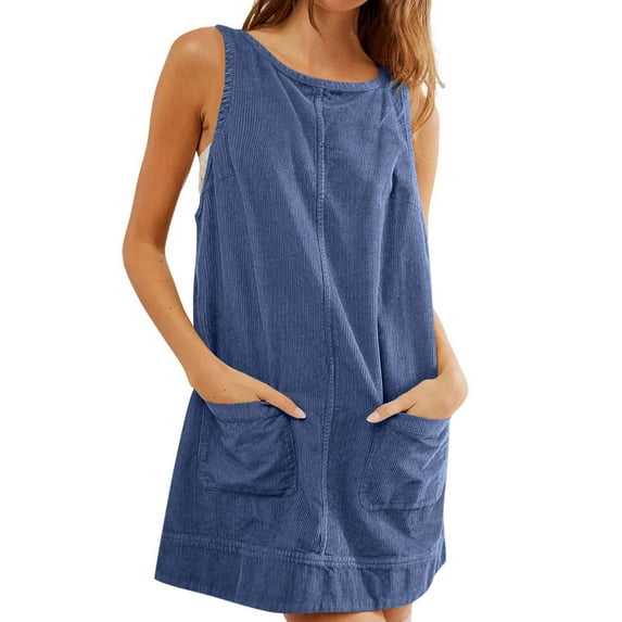 FRSASU Summer Dress for Women Fashion Corduroy Dress Casual Solid Color Round Neck Sleeveless Tank Dress Blue XL