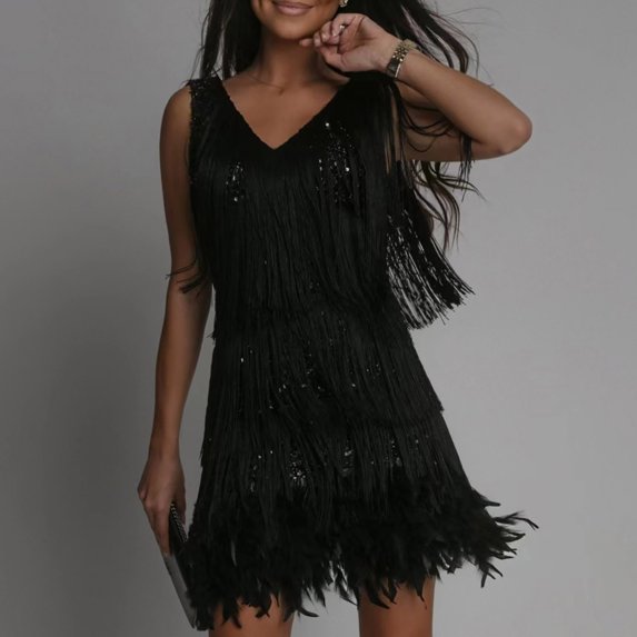 FRSASU Summer Dress for Women ,Women'S V-Neck Tassel Sleeveless Zipper Solid Mini Dress formal Dress Black 6(M)