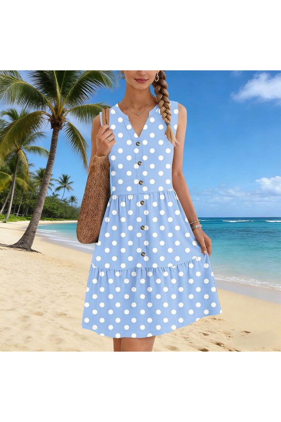 Summer Dress for Women Fitted Waisted Button up V-Neck Sleeveless Hawaiian Beach Sundress with Pocket Light Blue-A