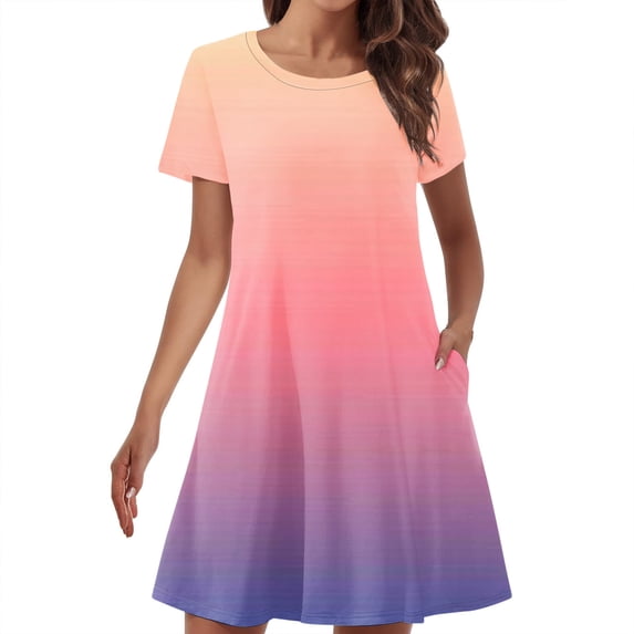 FRSASU Summer Dresses for Women Casual Short Sleeve Gradient Dress Crewneck Beach Midi Dress with Pockets Pink