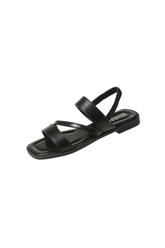 Summer Flat Sandals for Women Wide Width Square Toe Slip On Gladiator Elastic Strap Comfortable Sandals Black