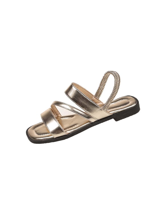 Summer Flat Sandals for Women Wide Width Square Toe Slip On Gladiator Elastic Strap Comfortable Sandals Gold