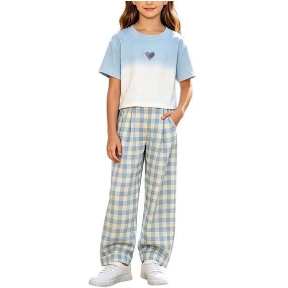 FRSASU Summer Girl's 2 Piece Outfit Loose Short Sleeved T-Shirt with Lightweight Wide Leg Gingham Plaid Trousers Set Blue